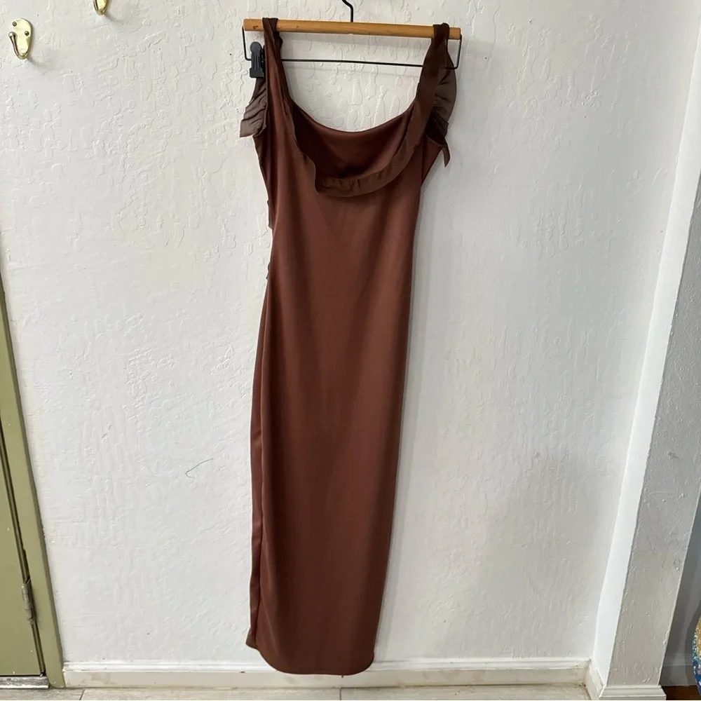 Chocolate Brown Ruffle Bodycon Tank Midi Side Slit Dress Small - Picture 2 of 5